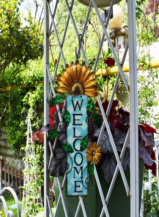 E-view Metal Welcome Sign Rustic Wall Hanging Plaque - Decorative Welcome Flower Signs for Porch Front Door Farmhouse Home Decoration Garden Themed Wreath Ornament (Yellow) - Image 5